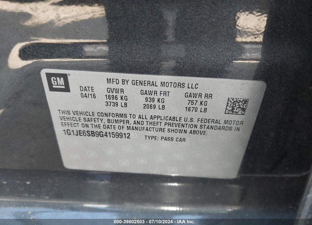 2016 CHEVROLET SONIC LTZ AUTO VIN: 1G1JE6SB9G4159912