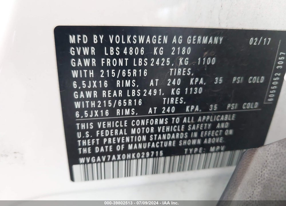 2017 VOLKSWAGEN TIGUAN 2.0T/2.0T S VIN: WVGAV7AX0HK029715