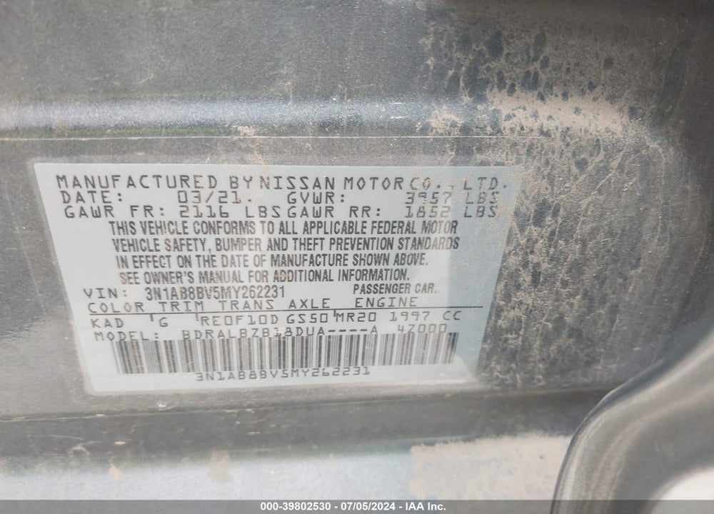 2021 NISSAN SENTRA S XTRONIC CVT VIN: 3N1AB8BV5MY262231