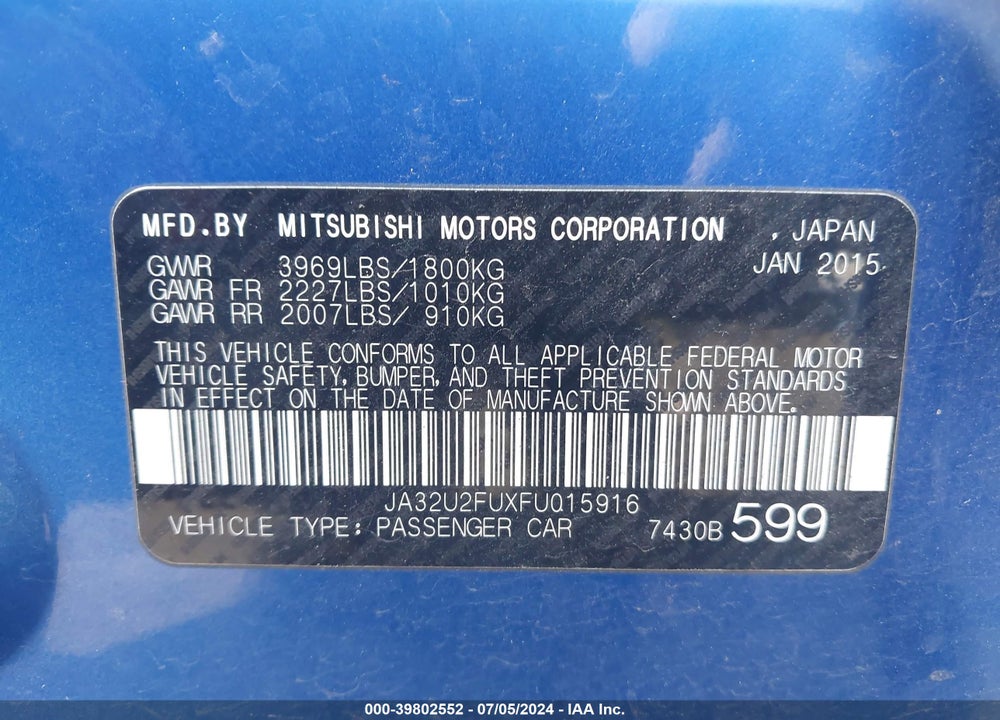 2015 MITSUBISHI LANCER ES VIN: JA32U2FUXFU015916