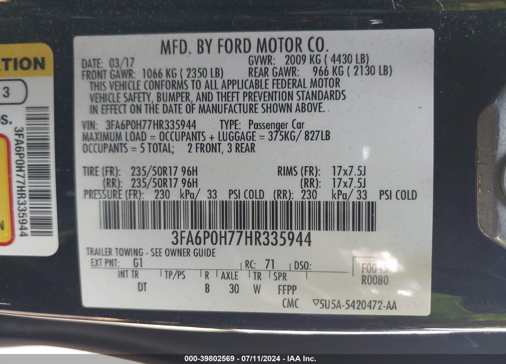 2017 FORD FUSION SE VIN: 3FA6P0H77HR335944