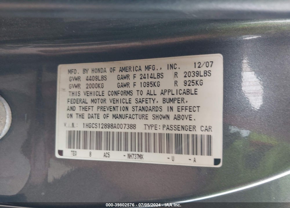 2008 HONDA ACCORD 2.4 EX-L VIN: 1HGCS12898A007388