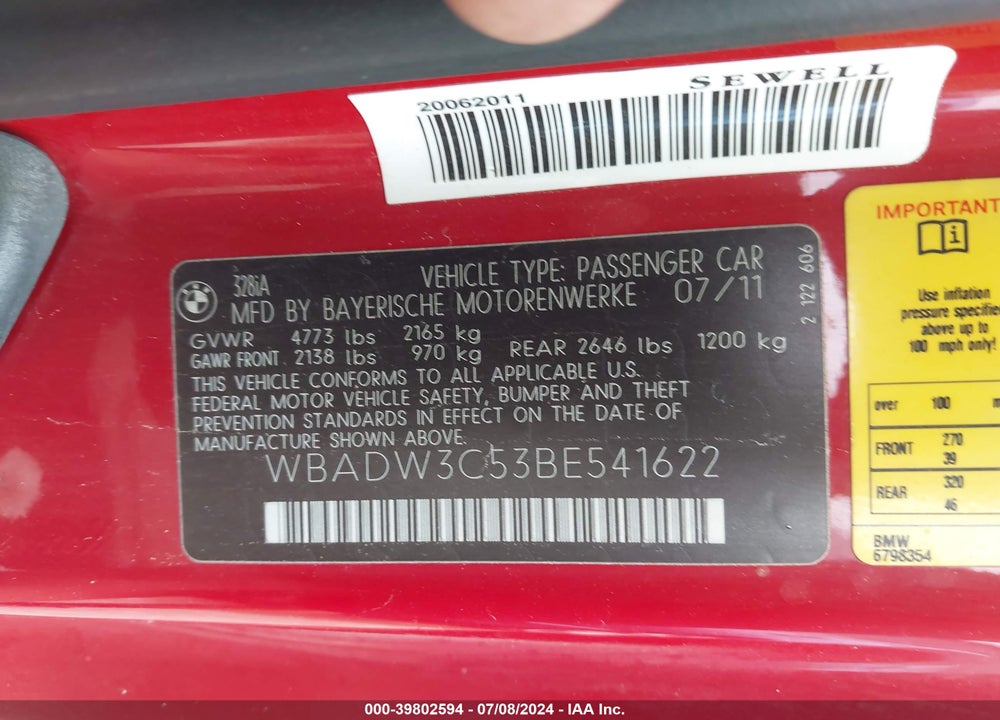 2011 BMW 328I VIN: WBADW3C53BE541622
