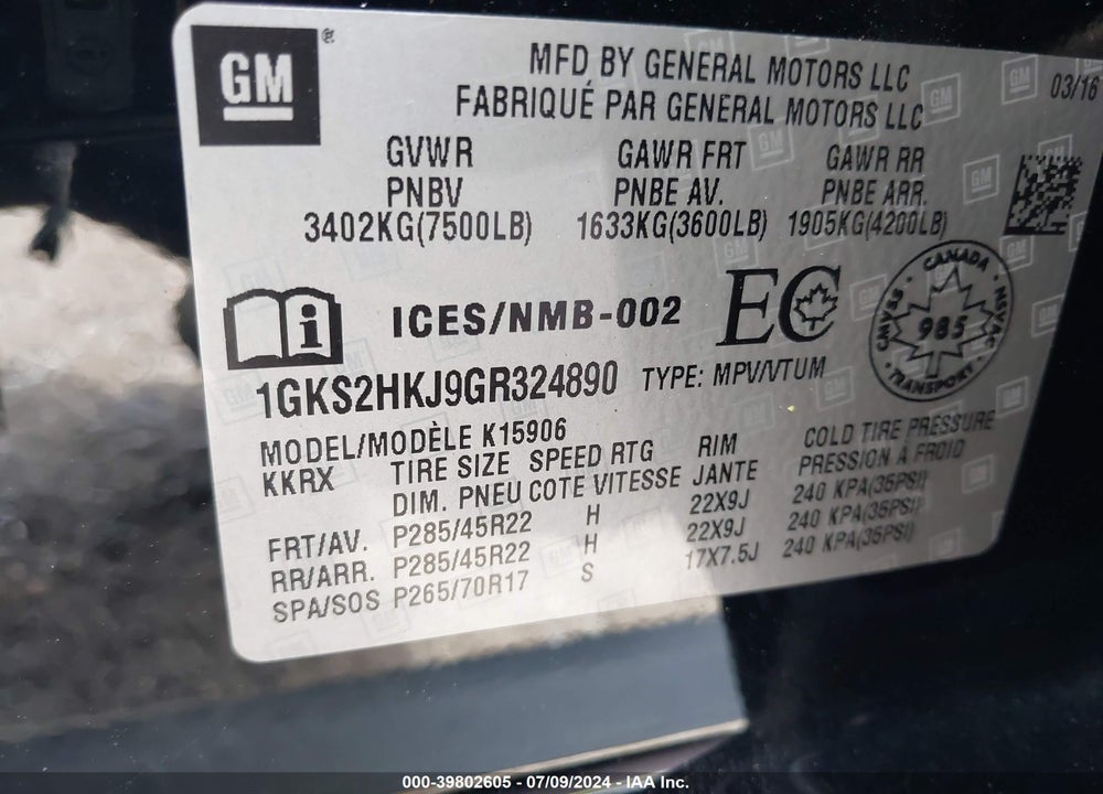 2016 GMC YUKON XL DENALI VIN: 1GKS2HKJ9GR324890