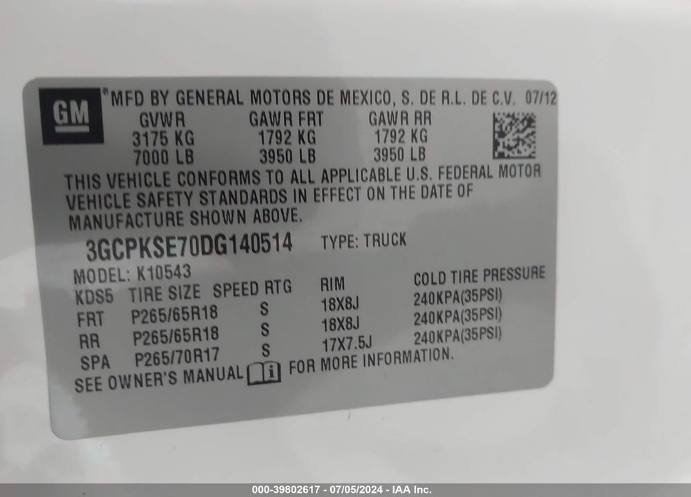 2013 CHEVROLET SILVERADO 1500 LT VIN: 3GCPKSE70DG140514