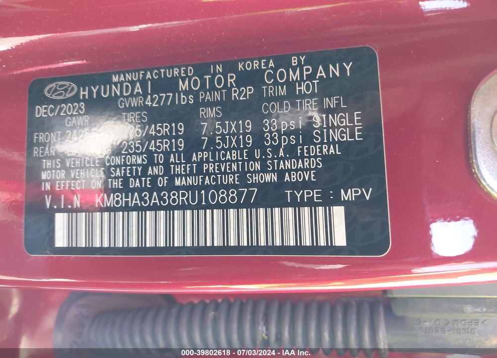 2024 HYUNDAI KONA N LINE VIN: KM8HA3A38RU108877