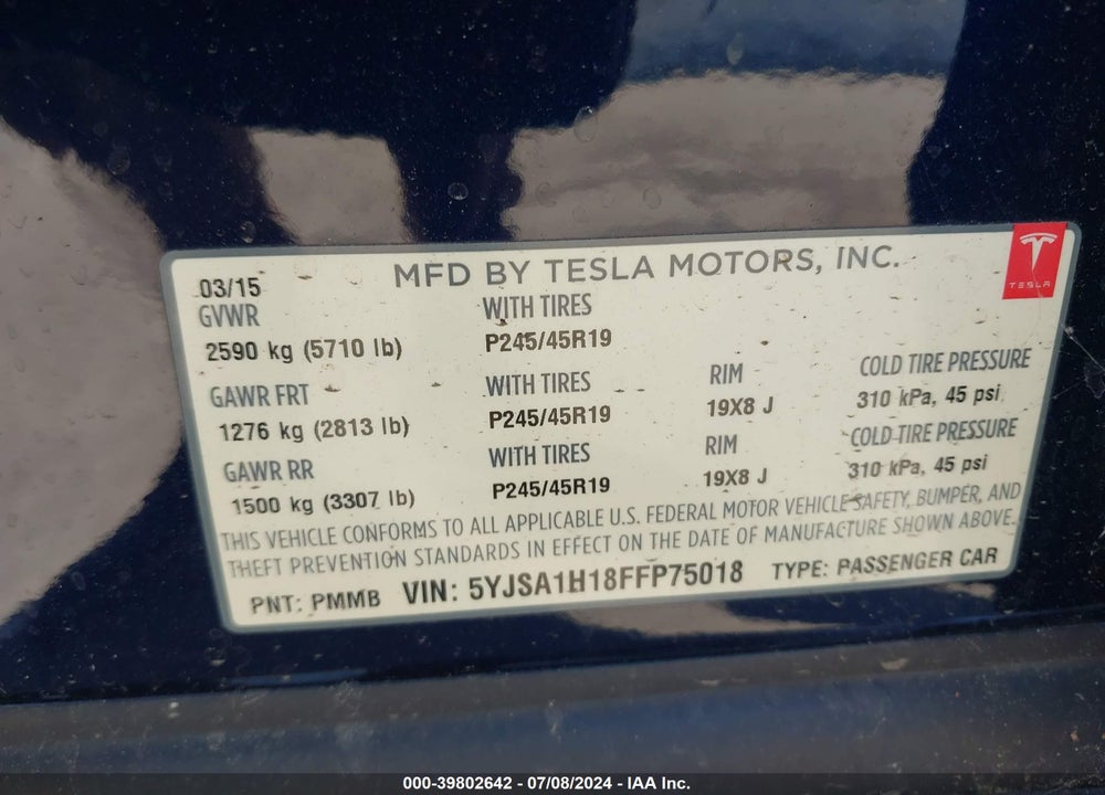 2015 TESLA MODEL S 60/70/85 VIN: 5YJSA1H18FFP75018