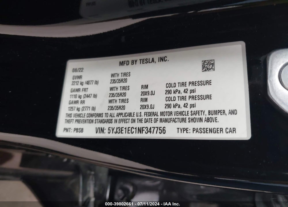 2022 TESLA MODEL 3 PERFORMANCE DUAL MOTOR ALL-WHEEL DRIVE VIN: 5YJ3E1EC1NF347756