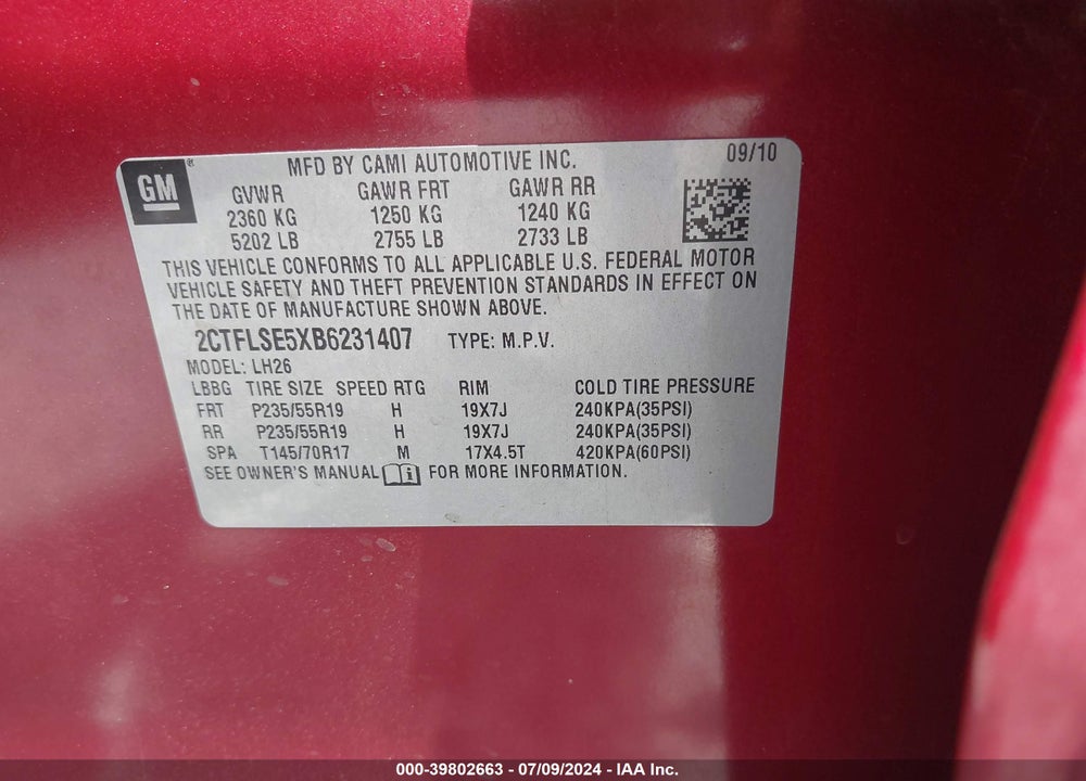 2011 GMC TERRAIN SLE-2 VIN: 2CTFLSE5XB6231407