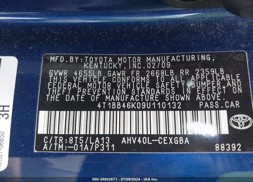 2009 TOYOTA CAMRY HYBRID VIN: 4T1BB46K09U110132