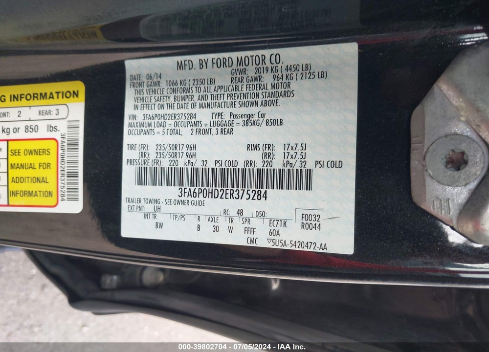 2014 FORD FUSION SE VIN: 3FA6P0HD2ER375284