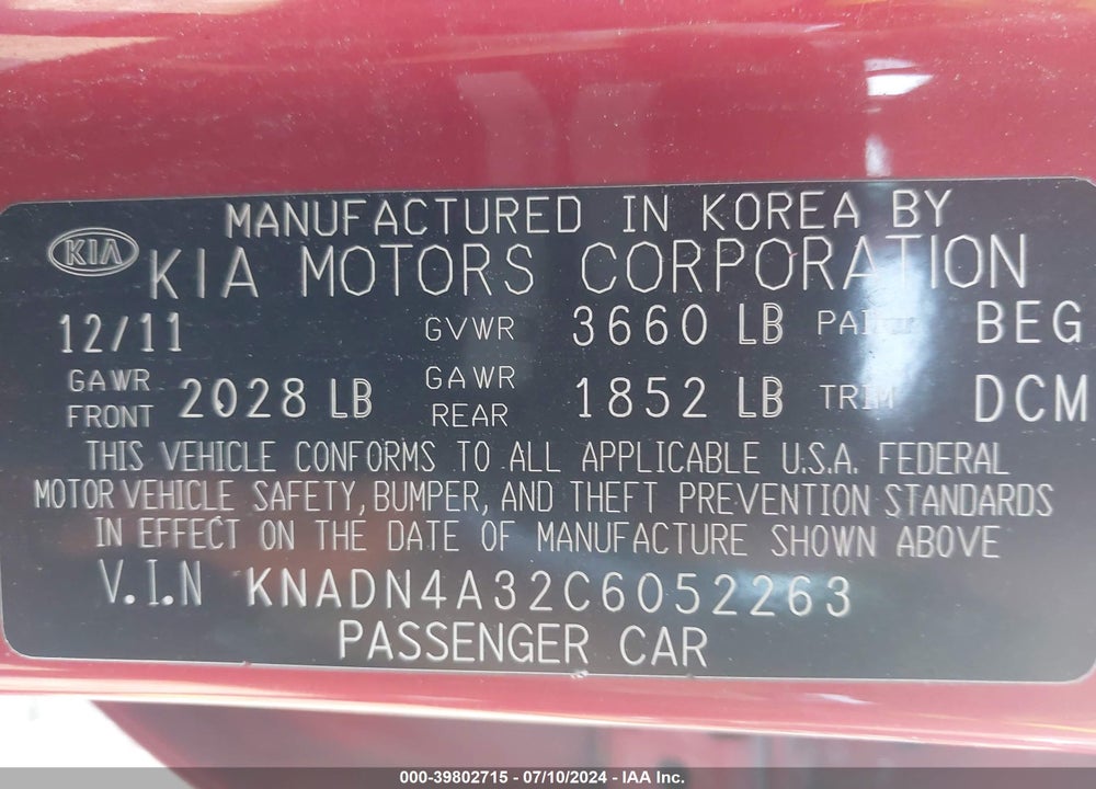 2012 KIA RIO EX VIN: KNADN4A32C6052263
