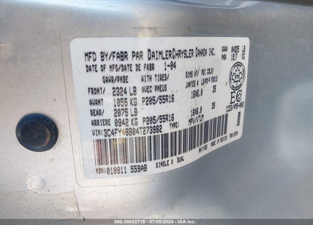 2004 CHRYSLER PT CRUISER CLASSIC EDITION VIN: 3C4FY48B04T273982