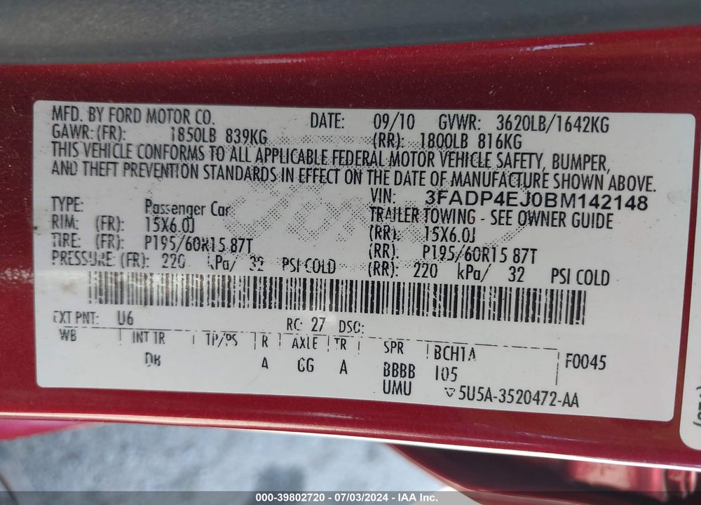 2011 FORD FIESTA SE VIN: 3FADP4EJ0BM142148