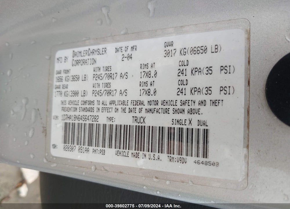 2004 DODGE RAM 1500 SLT/LARAMIE VIN: 1D7HA18N64S647282