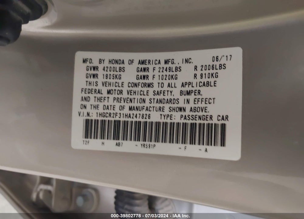 2017 HONDA ACCORD LX VIN: 1HGCR2F31HA247826