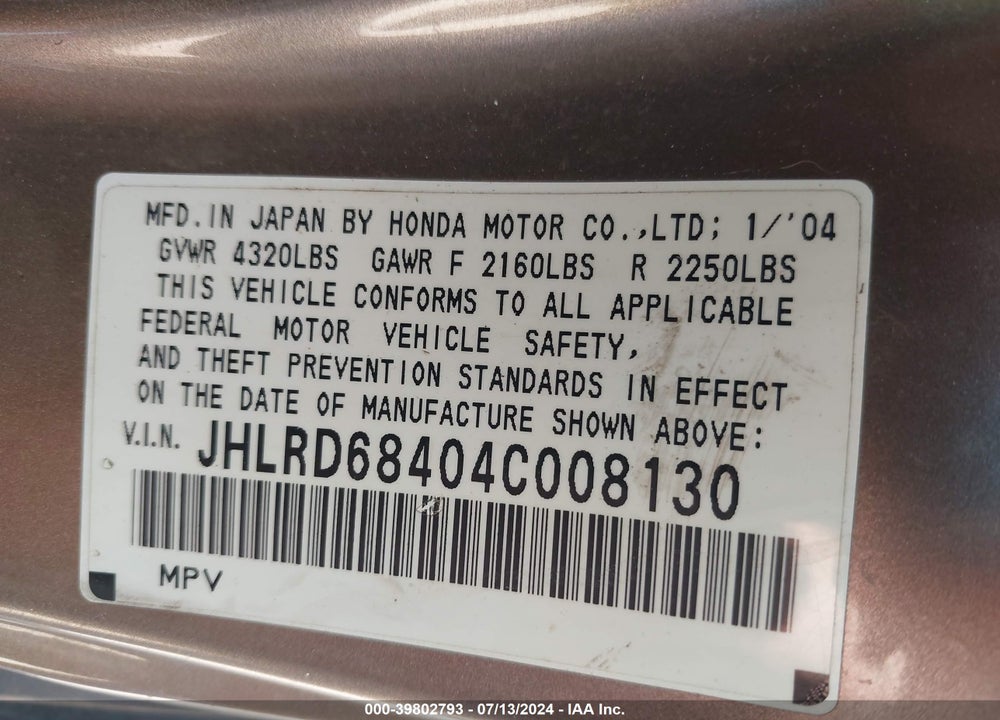 2004 HONDA CR-V LX VIN: JHLRD68404C008130