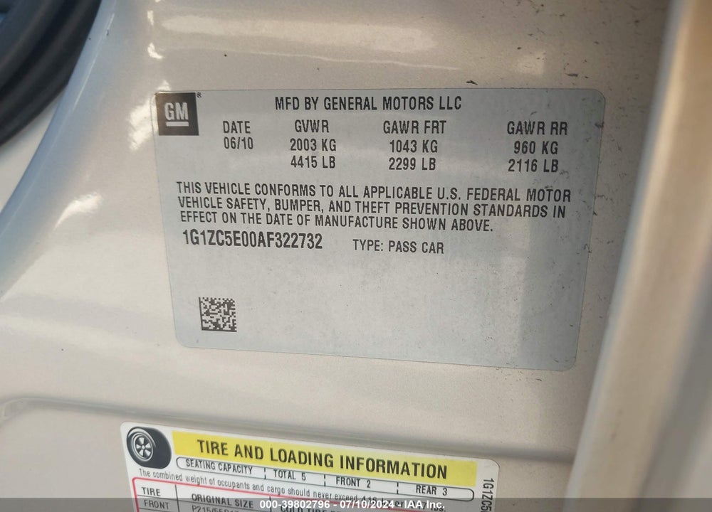 2010 CHEVROLET MALIBU LT VIN: 1G1ZC5E00AF322732