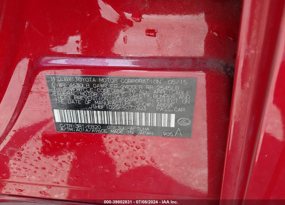 2015 LEXUS IS 250 VIN: JTHBF1D25F5077403