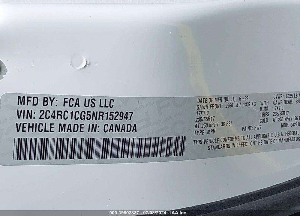 2022 CHRYSLER VOYAGER LX VIN: 2C4RC1CG5NR152947