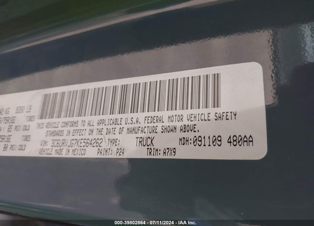 2019 RAM PROMASTER 3500 CARGO VAN HIGH ROOF 159 WB EXT VIN: 3C6URVJG7KE564262