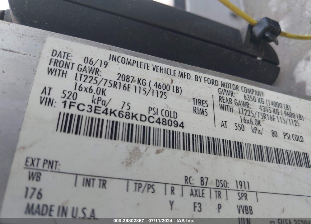 2019 FORD E-450 STRIPPED VIN: 1FC3E4K68KDC48094