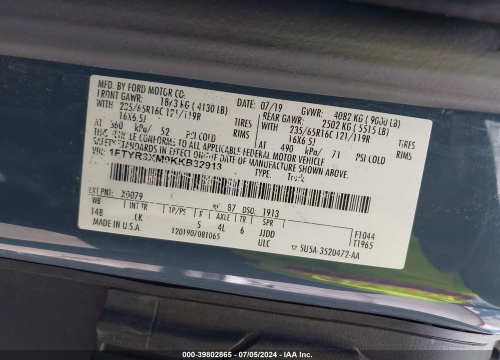 2019 FORD TRANSIT-250 VIN: 1FTYR3XM9KKB32913