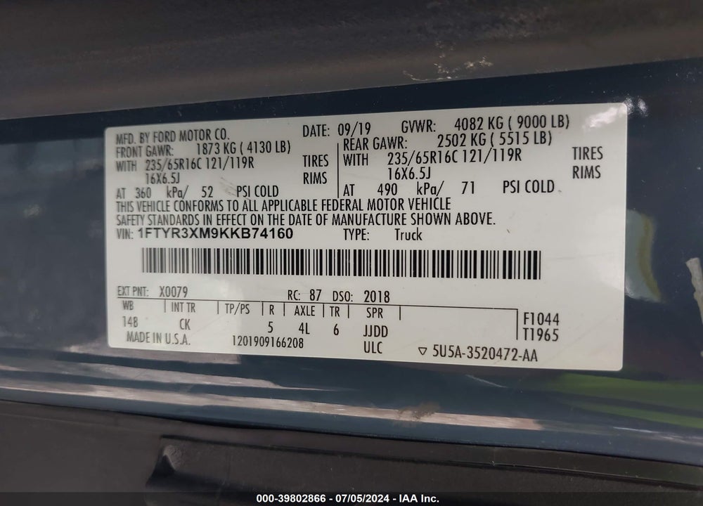 2019 FORD TRANSIT-250 VIN: 1FTYR3XM9KKB74160