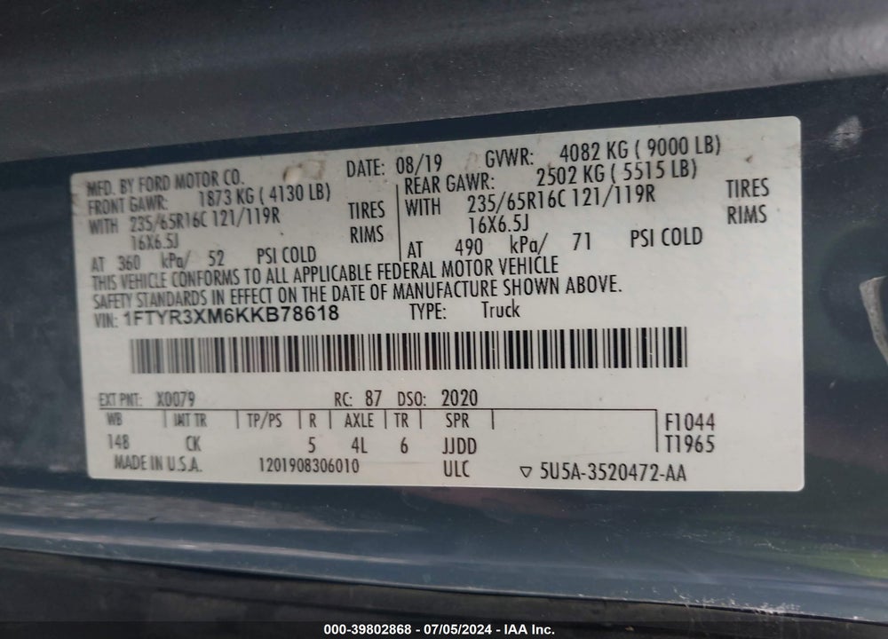 2019 FORD TRANSIT-250 VIN: 1FTYR3XM6KKB78618