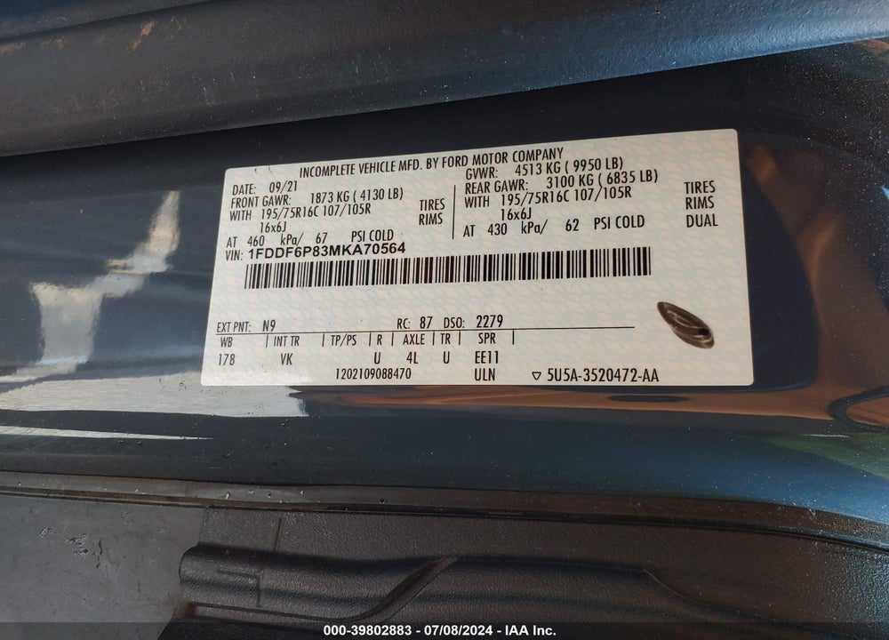 2021 FORD TRANSIT-350 CUTAWAY VIN: 1FDDF6P83MKA70564