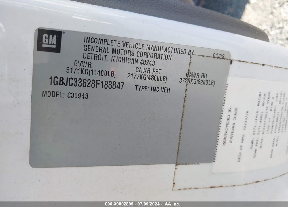2008 CHEVROLET SILVERADO 3500HD WORK TRUCK VIN: 1GBJC33628F183847