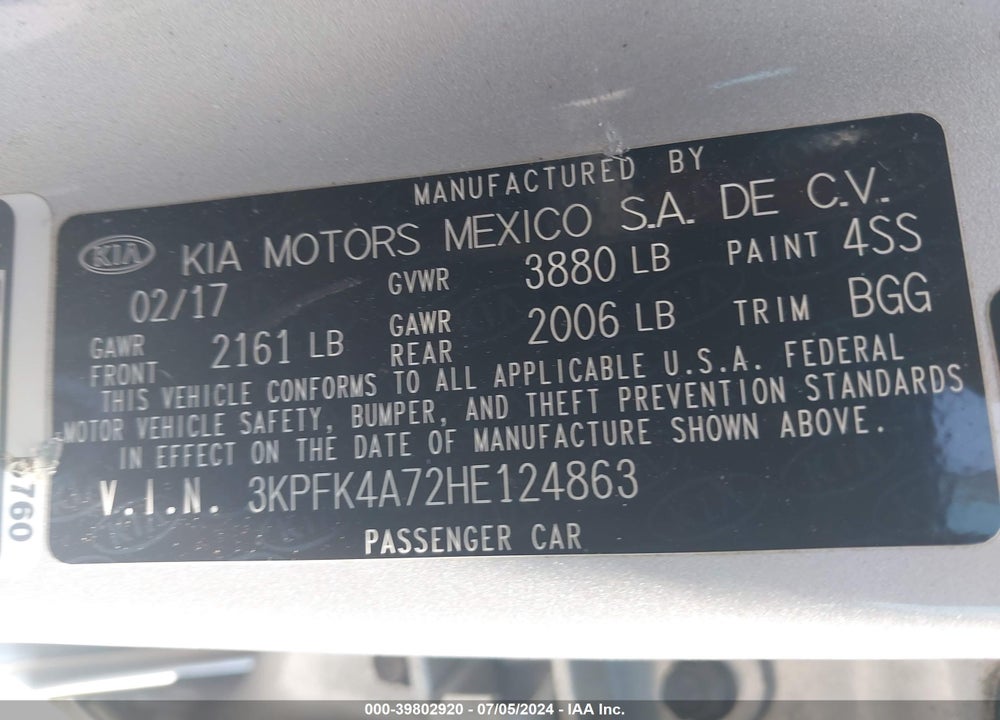 2017 KIA FORTE LX VIN: 3KPFK4A72HE124863