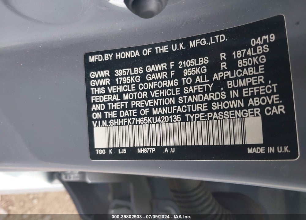 2019 HONDA CIVIC EX VIN: SHHFK7H65KU420135
