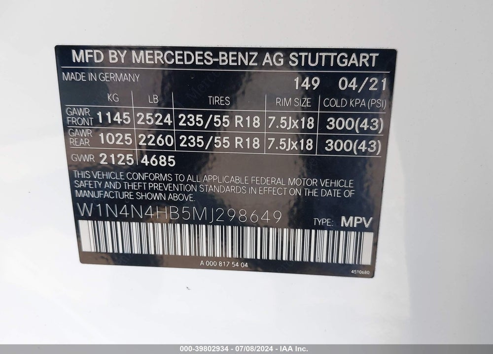 2021 MERCEDES-BENZ GLA 250 4MATIC VIN: W1N4N4HB5MJ298649