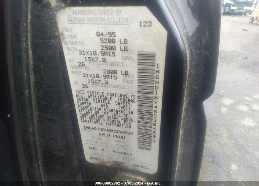 1995 NISSAN TRUCK KING CAB SE/KING CAB XE VIN: 1N6HD16Y4SC384695
