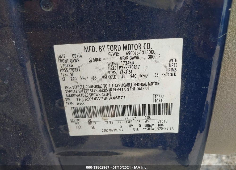 2008 FORD F-150 STX/XL/XLT VIN: 1FTRX14W78FA45971