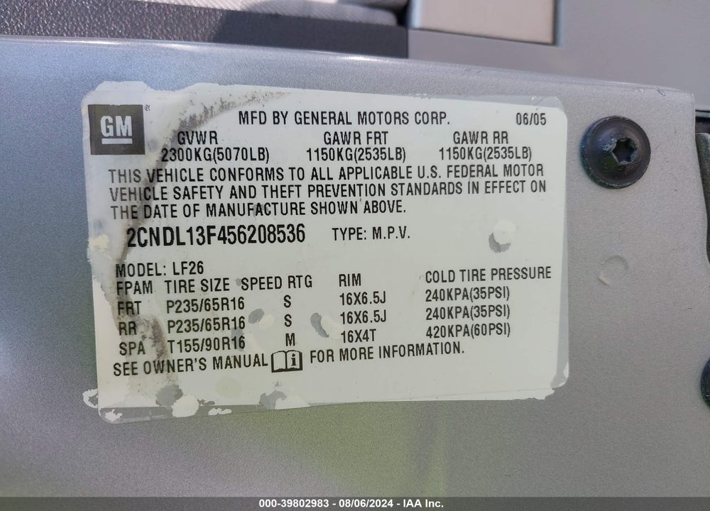 2005 CHEVROLET EQUINOX LS VIN: 2CNDL13F456208536