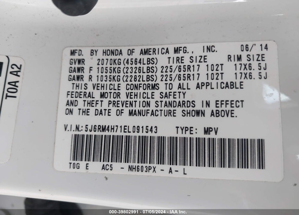 2014 HONDA CR-V EX-L VIN: 5J6RM4H71EL091543