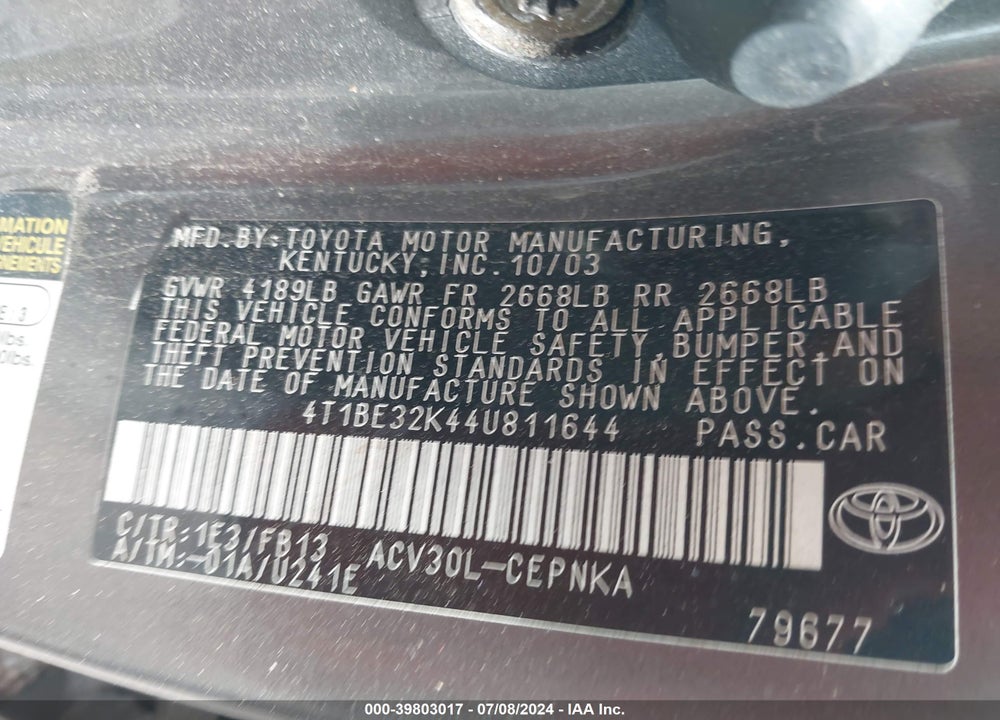 2004 TOYOTA CAMRY LE VIN: 4T1BE32K44U811644