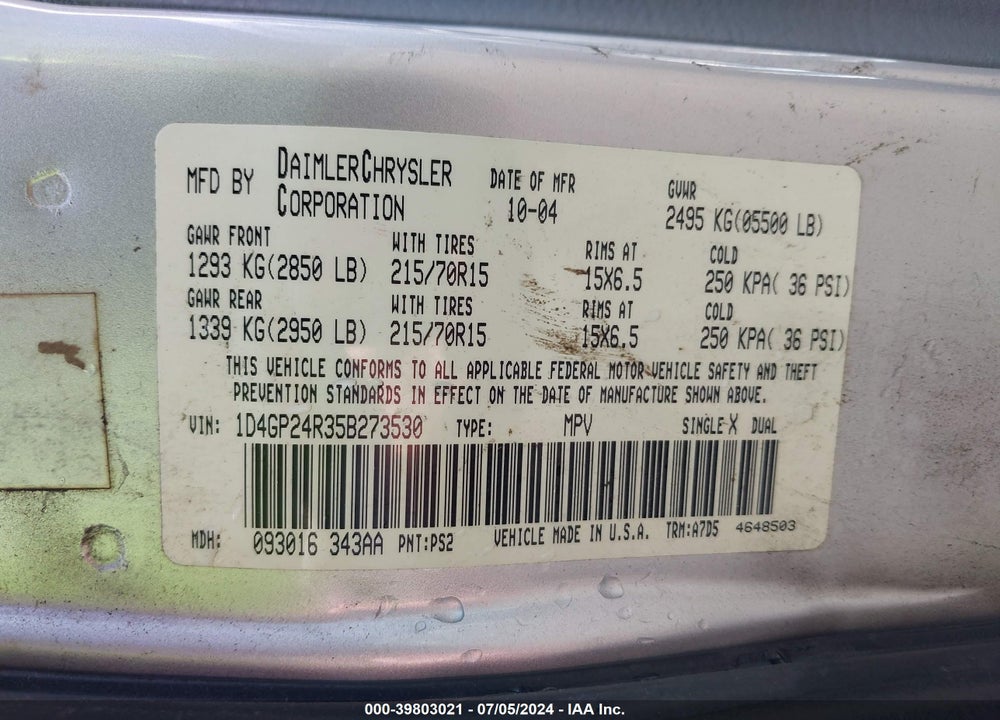 2005 DODGE GRAND CARAVAN SE VIN: 1D4GP24R35B273530
