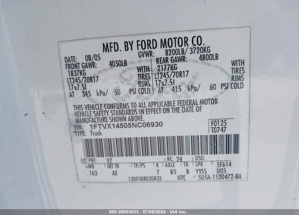 2005 FORD F-150 FX4/LARIAT/XL/XLT VIN: 1FTVX14505NC06930