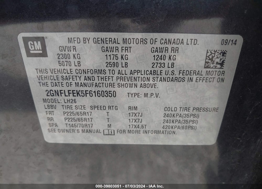2015 CHEVROLET EQUINOX 1LT VIN: 2GNFLFEK5F6160350