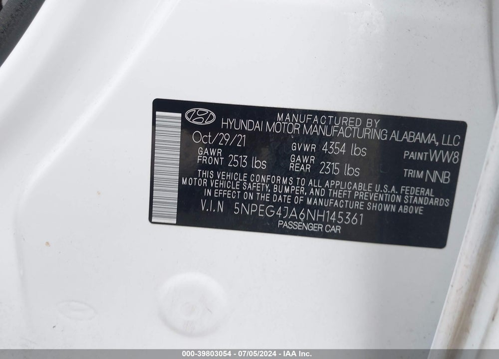 2022 HYUNDAI SONATA SE VIN: 5NPEG4JA6NH145361