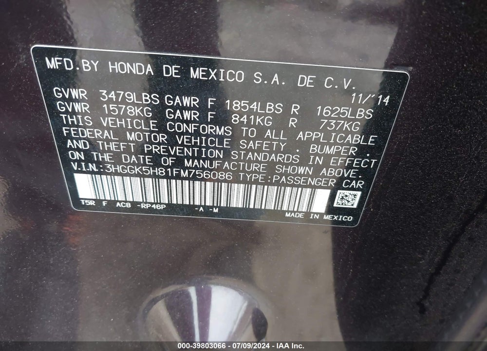 2015 HONDA FIT EX/EX-L VIN: 3HGGK5H81FM756086