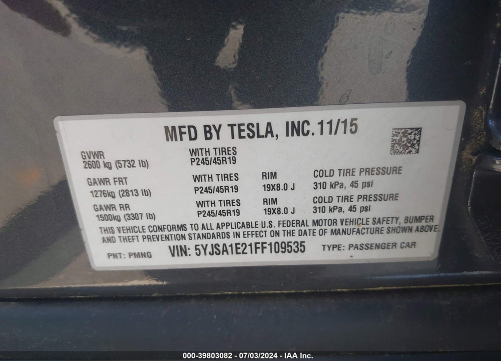 2015 TESLA MODEL S 70D/85D/P85D VIN: 5YJSA1E21FF109535