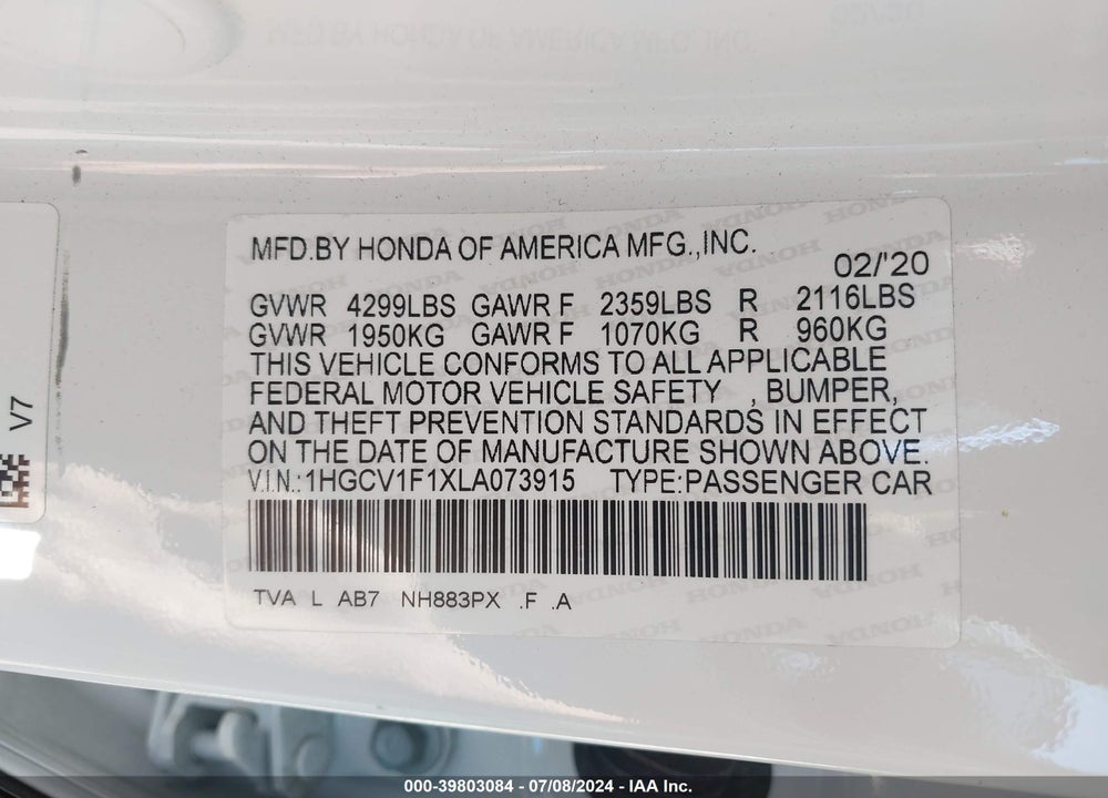 2020 HONDA ACCORD VIN: 1HGCV1F1XLA073915