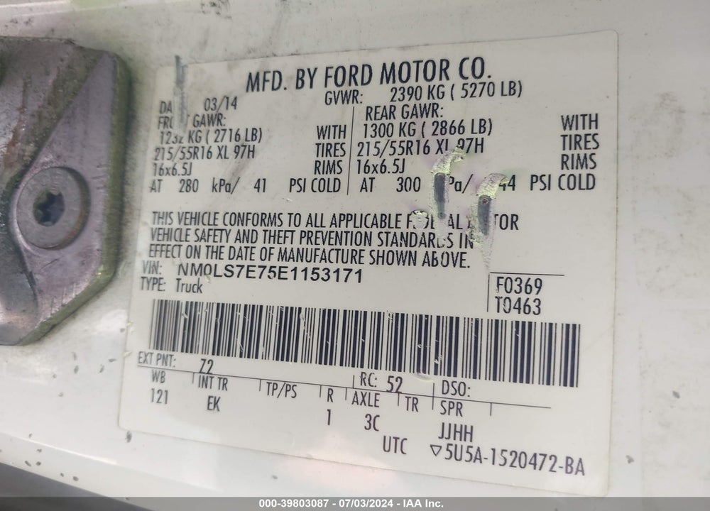 2014 FORD TRANSIT CONNECT XL VIN: NM0LS7E75E1153171