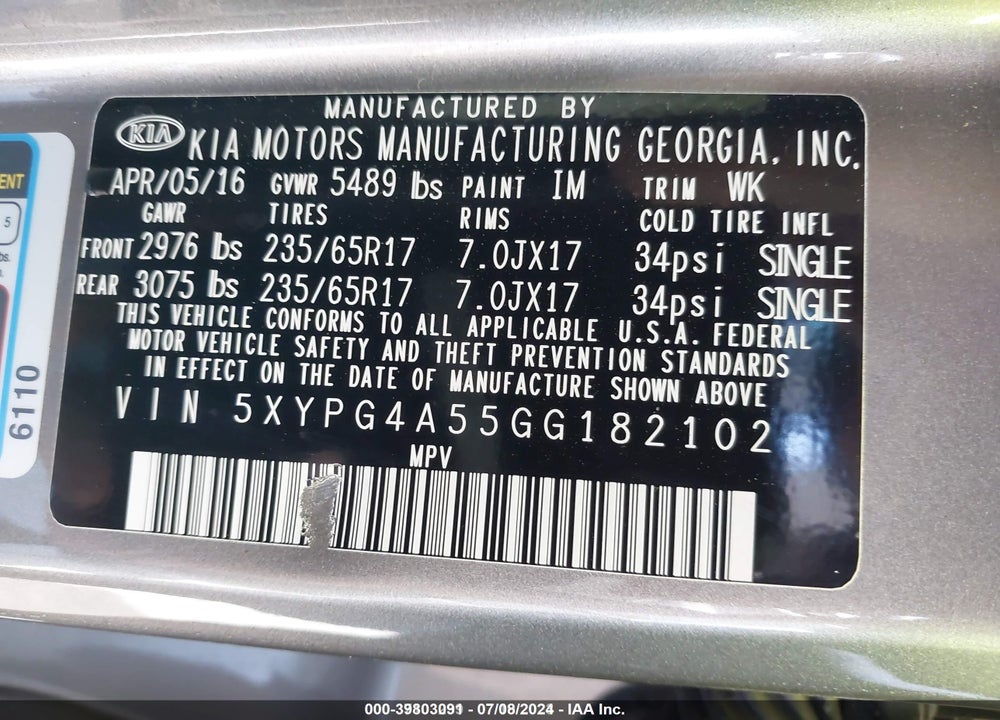 2016 KIA SORENTO 3.3L LX VIN: 5XYPG4A55GG182102