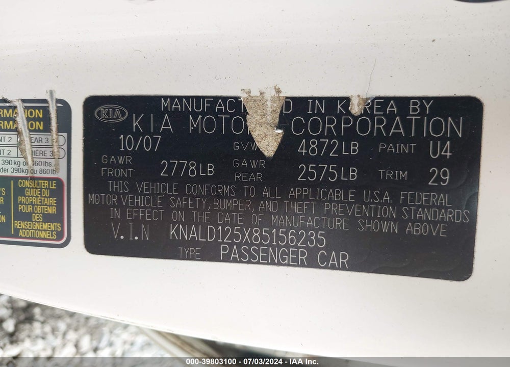 2008 KIA AMANTI VIN: KNALD125X85156235