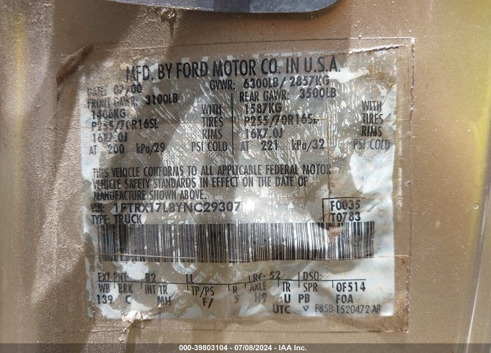 2000 FORD F-150 LARIAT/WORK SERIES/XL/XLT VIN: 1FTRX17L8YNC29307